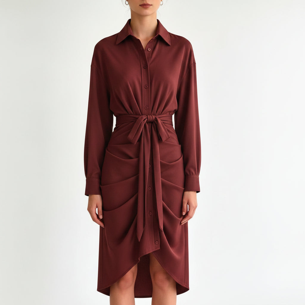 Women's Waist-Tie Shirt Dress with Draped Design