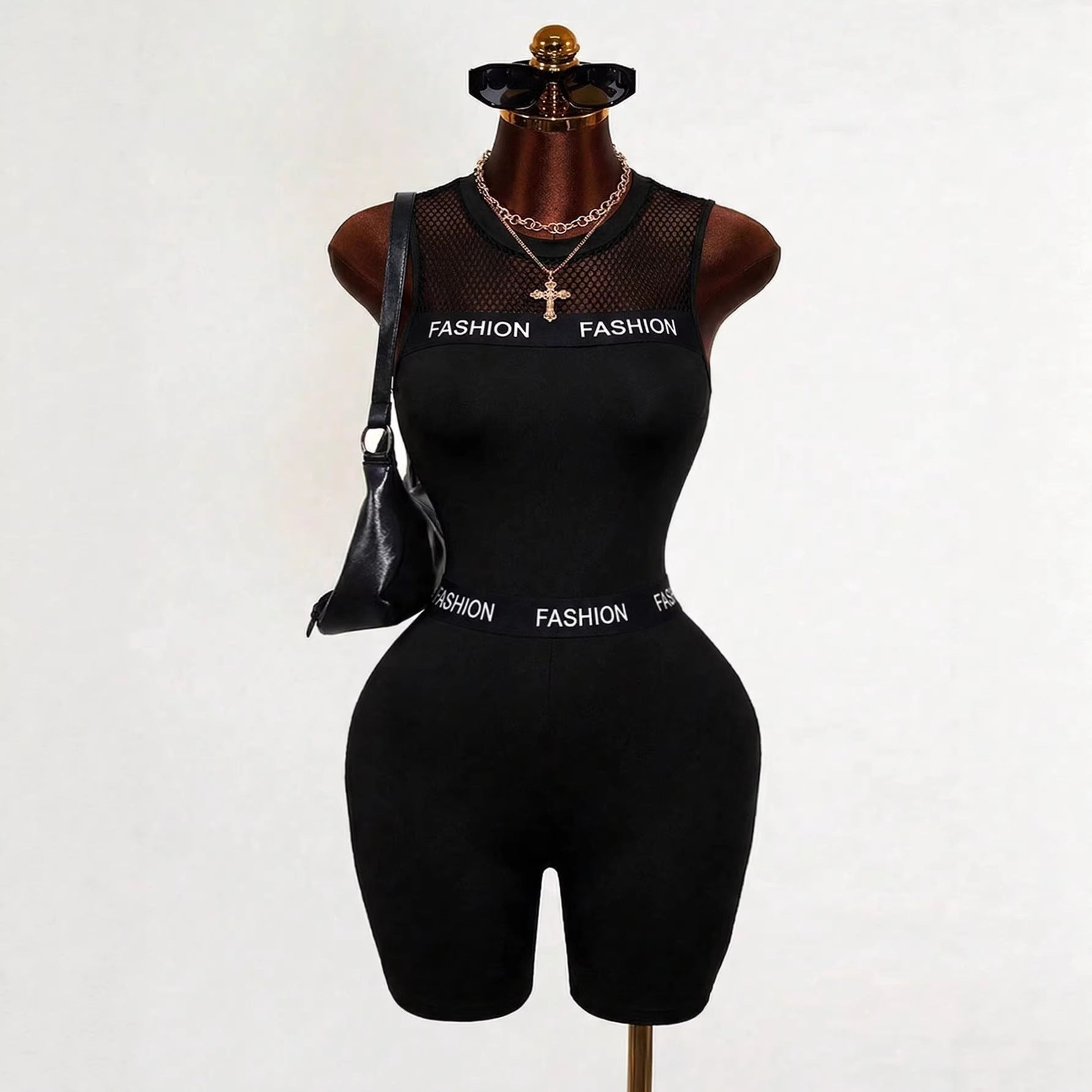 Mesh-cutout Patchwork Solid-color Sleeveless Tank Jumpsuit